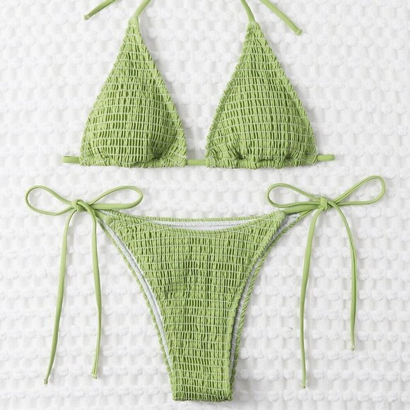 Olive Green Sexy Women's Summer Beach Mono Bikini Set Smocked Micro Triangle Bra - Picture 3 of 5